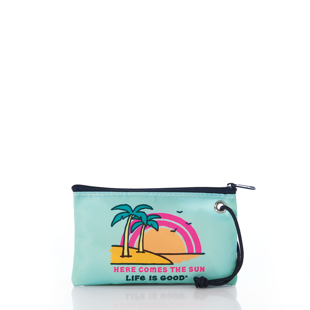 a teal recycled sail cloth wristlet is printed with a palm tree on a beach in front of a neon sunset over the words Life is Good