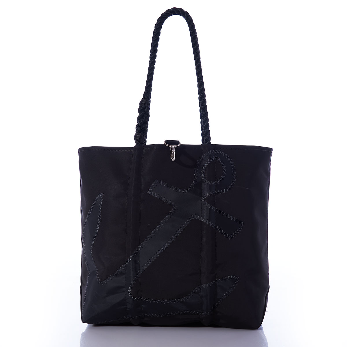 black recycled sail cloth tote with a black anchor applique and black rope handles and metal top clasp closure
