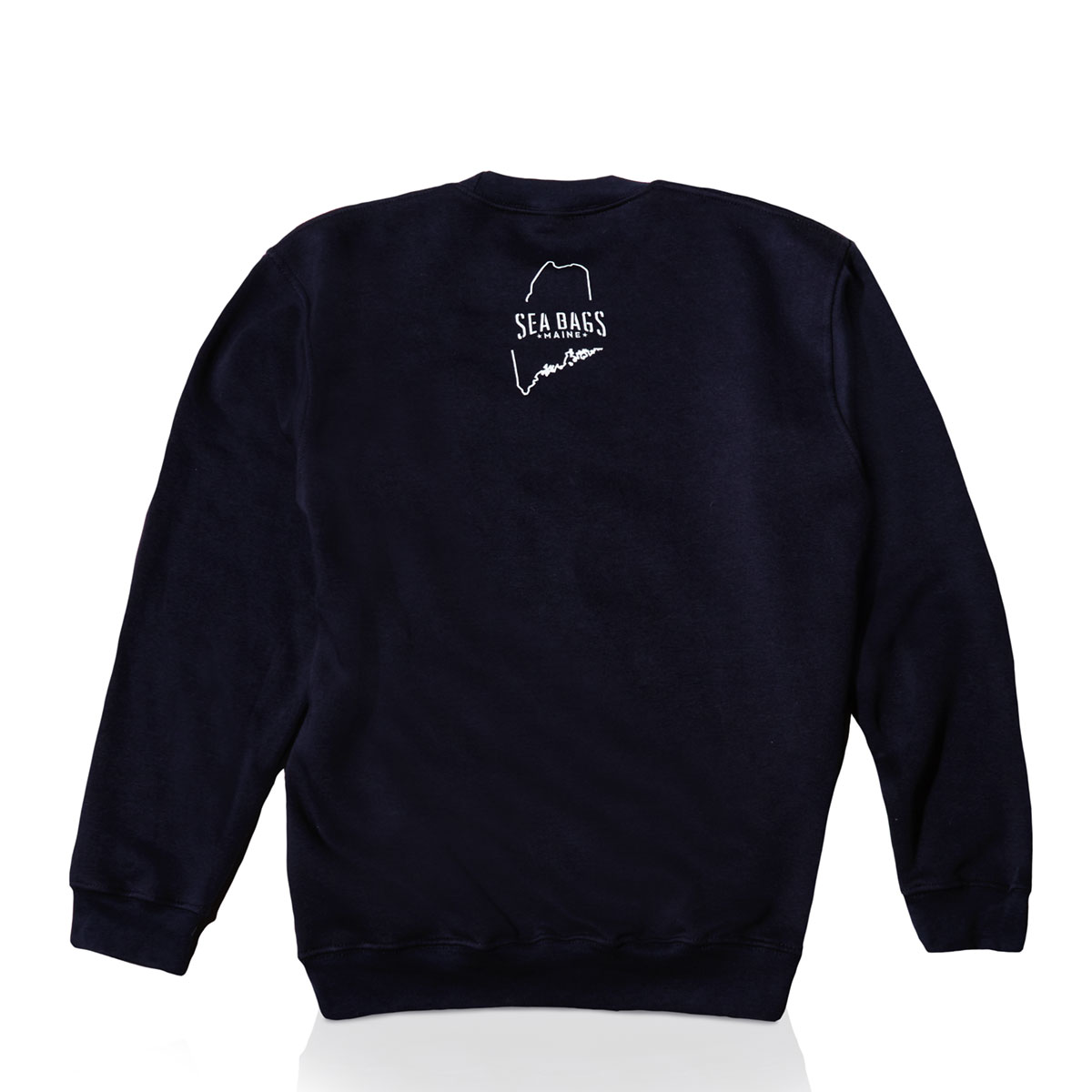 back view of sweatshirt with sea bags logo in white on upper back