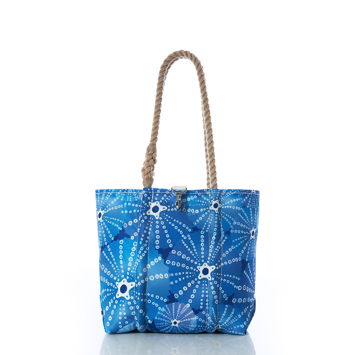 blue sea urchins in an all over print on recycled sail cloth handbag with hemp rope handles
