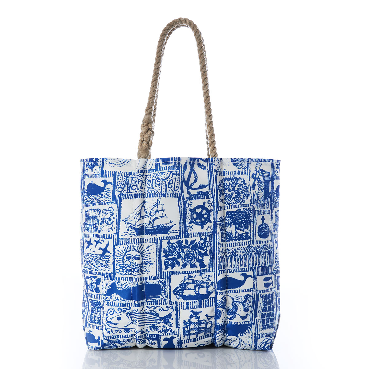 blue squares filled with various nautical imagery printed on recycled sail cloth medium tote with hemp rope handles