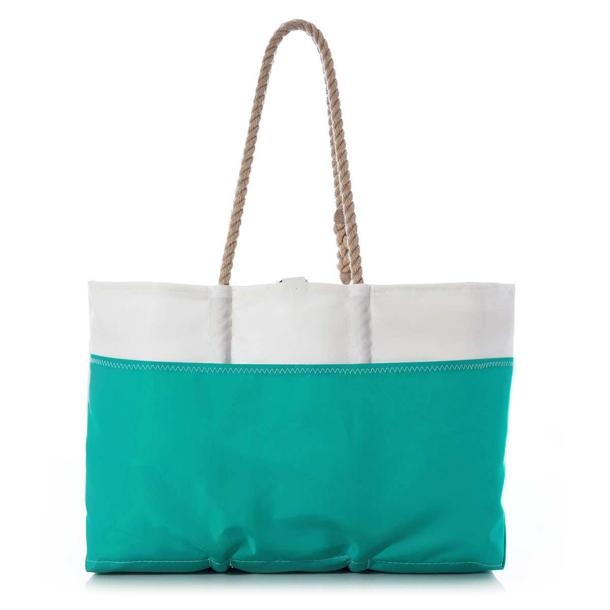 teal wraparound back pocket on a white recycled sail cloth beach tote with hemp rope handles and a  is printed with a bright friendly multicolor sea turtle