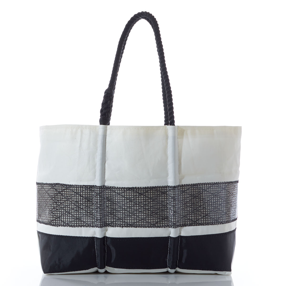 white top stripe on top of black high performance sail cloth stripe on top of black insignia stripe on a recycled sail cloth tote with black rope handles