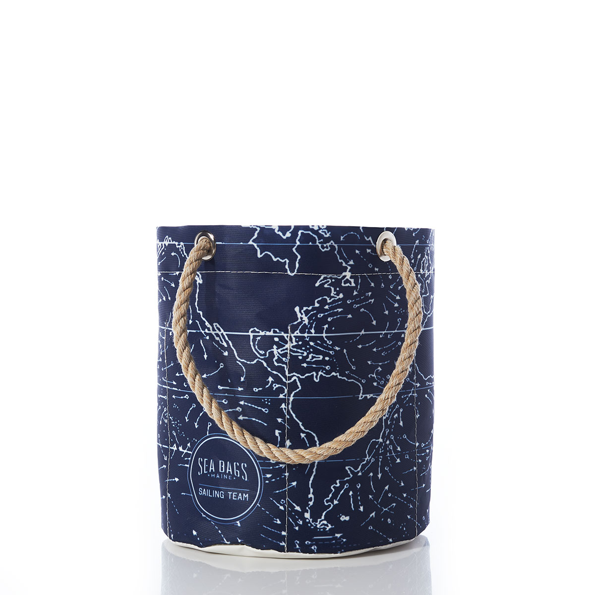 white arrows showing currents swirl around white outlined continents on a navy recycled sail cloth beverage bucket with hemp rope handles