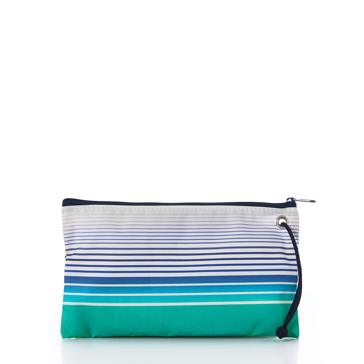 a recycled sail cloth large wristlet is printed with ombre stripes of blue into green with a solid green bottom