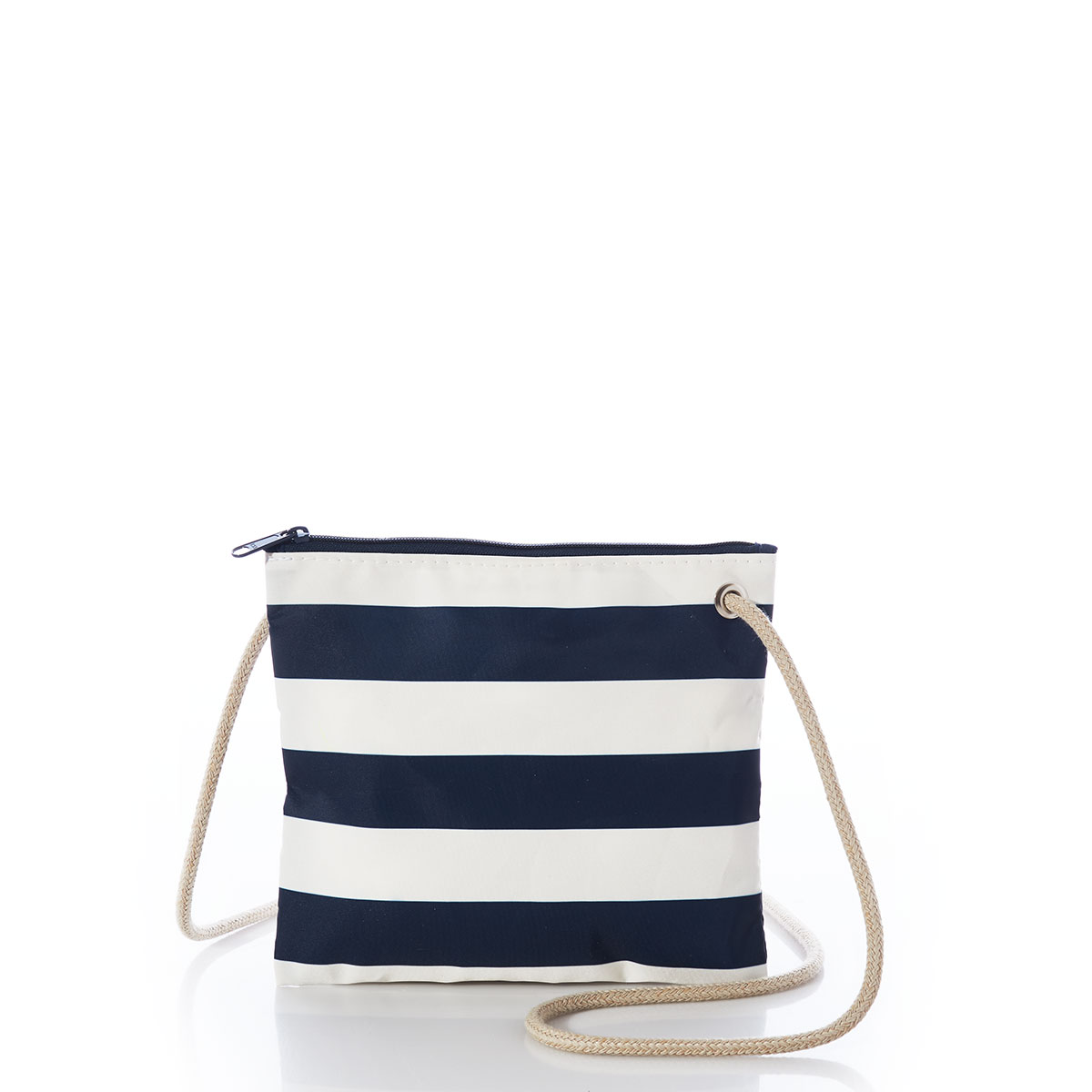 back view of bold navy and white striped recycled sail cloth crossbody bag with hemp rope embellished with flowers around the top