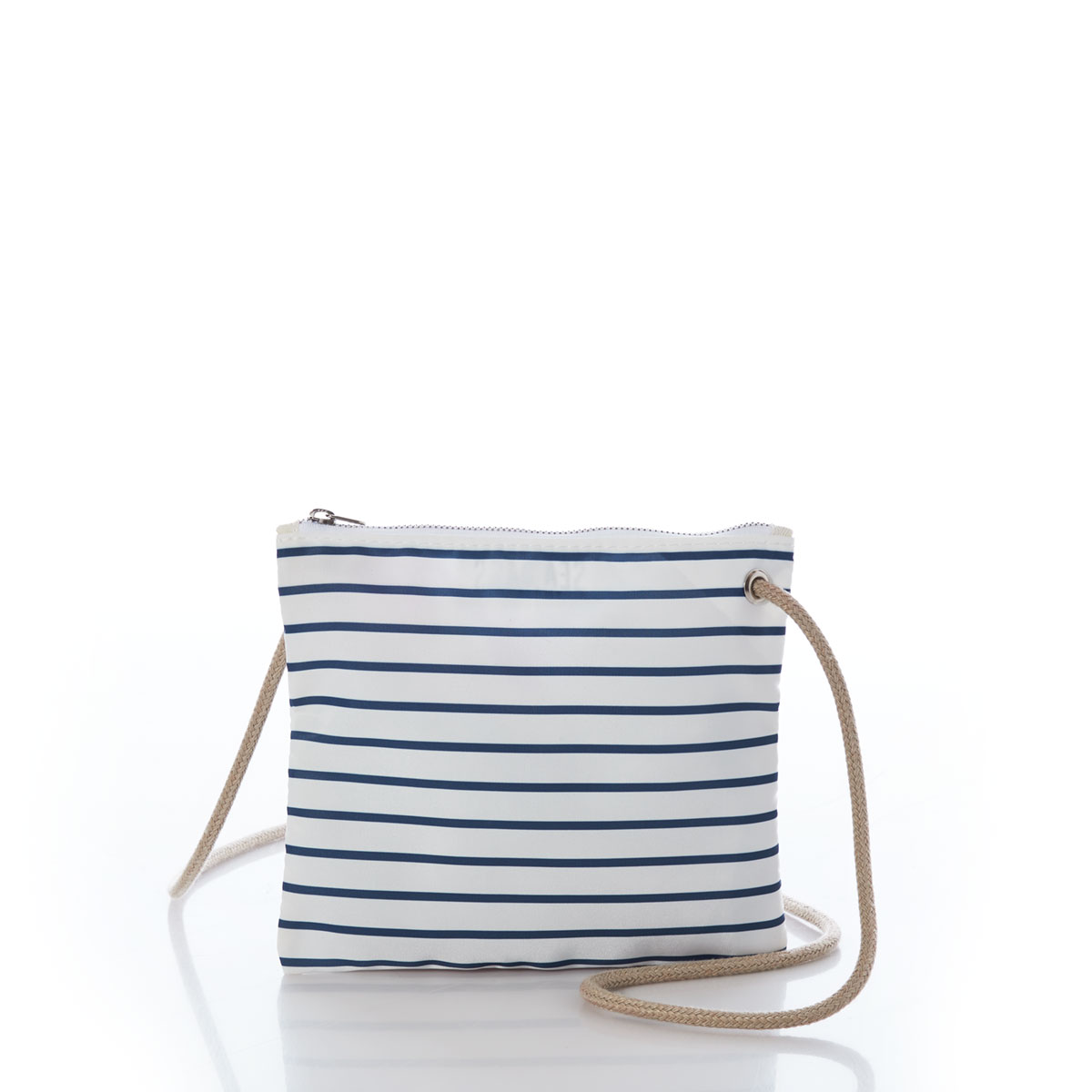 a recycled sail cloth crossbody with navy and white stripes and hemp strap