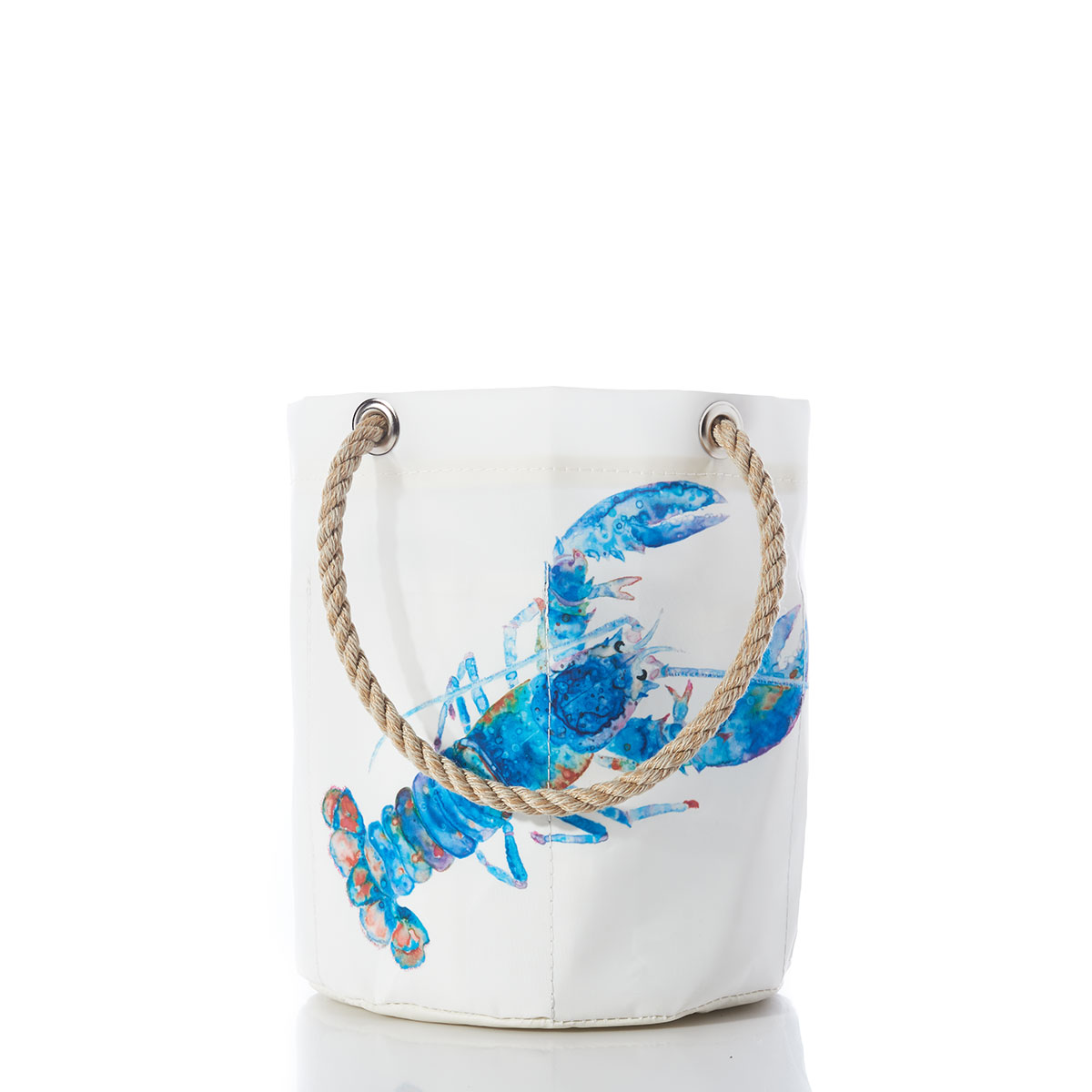 front view of a white recycled sail cloth beverage bucket with hemp rope handles and printed with a watercolor lobster in shades of blue