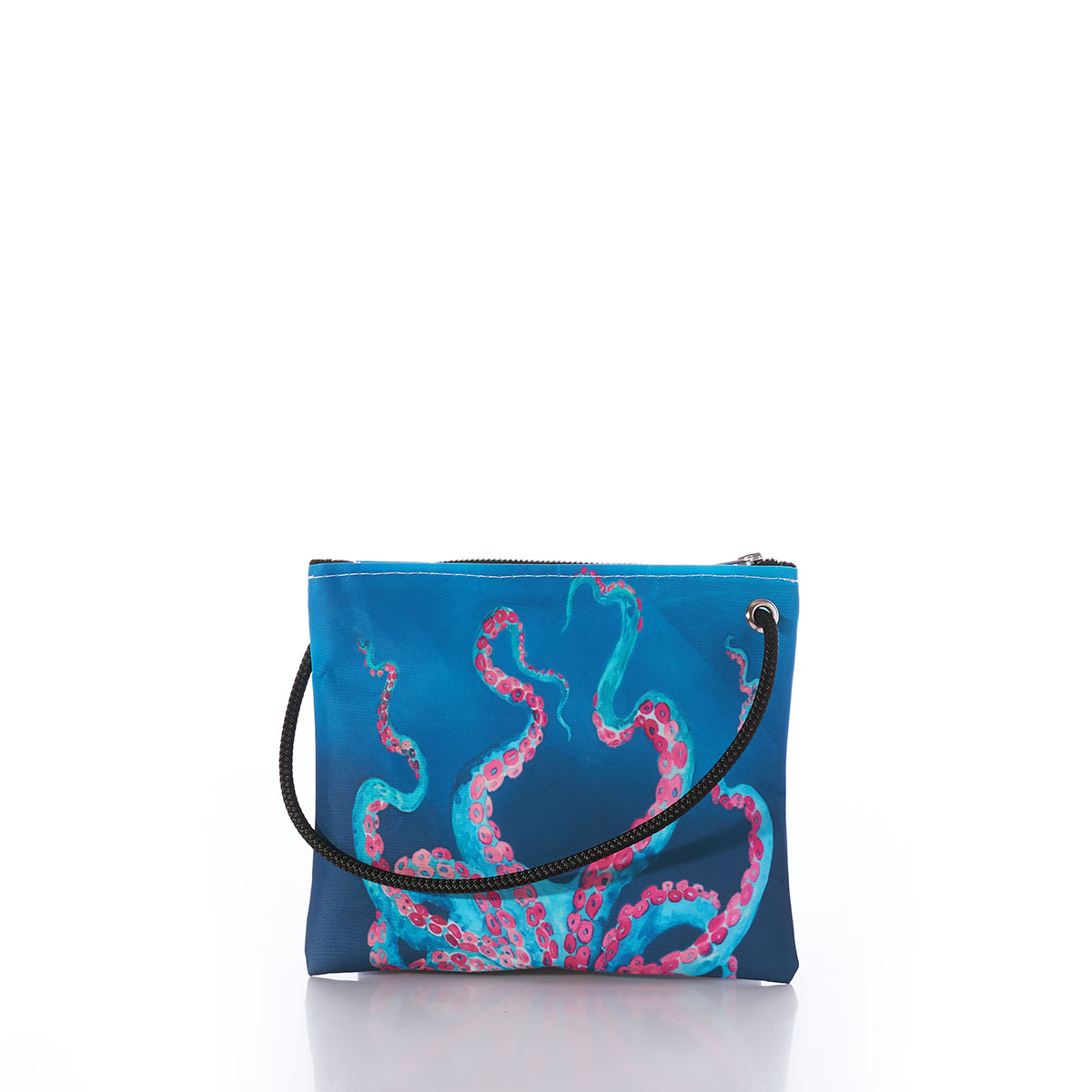 a colorful bioluminescent octopus in blue with pink tentacles stretches its legs up the the top of a blue recycled sail cloth crossbody with a tan braided dock line rope
