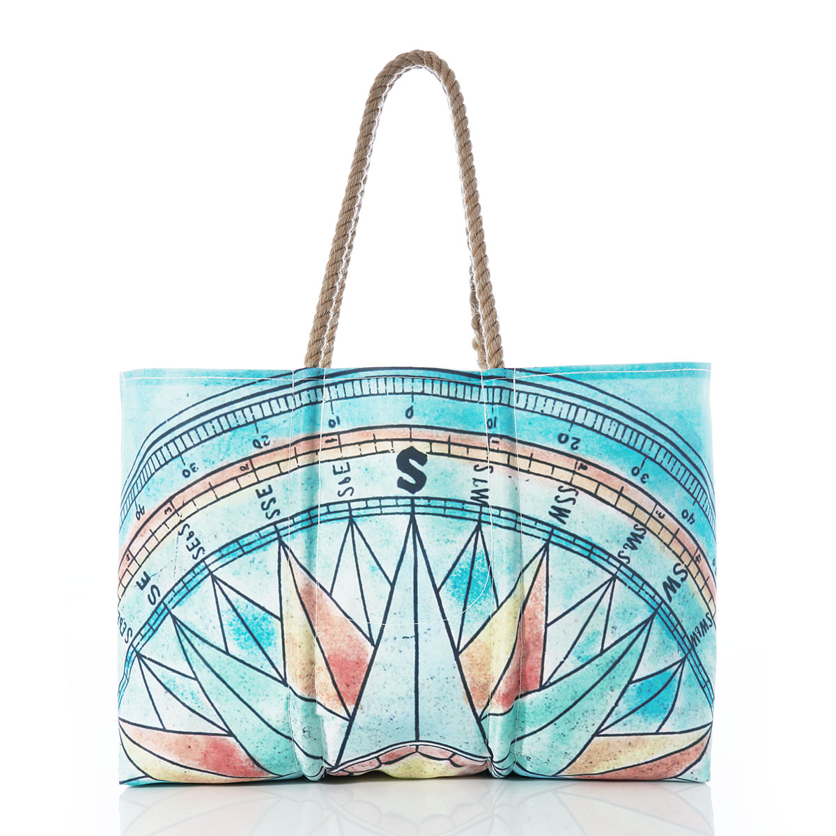 back view of compass rose in bright spring colors printed on a recycled sail cloth large tote with hemp rope handles
