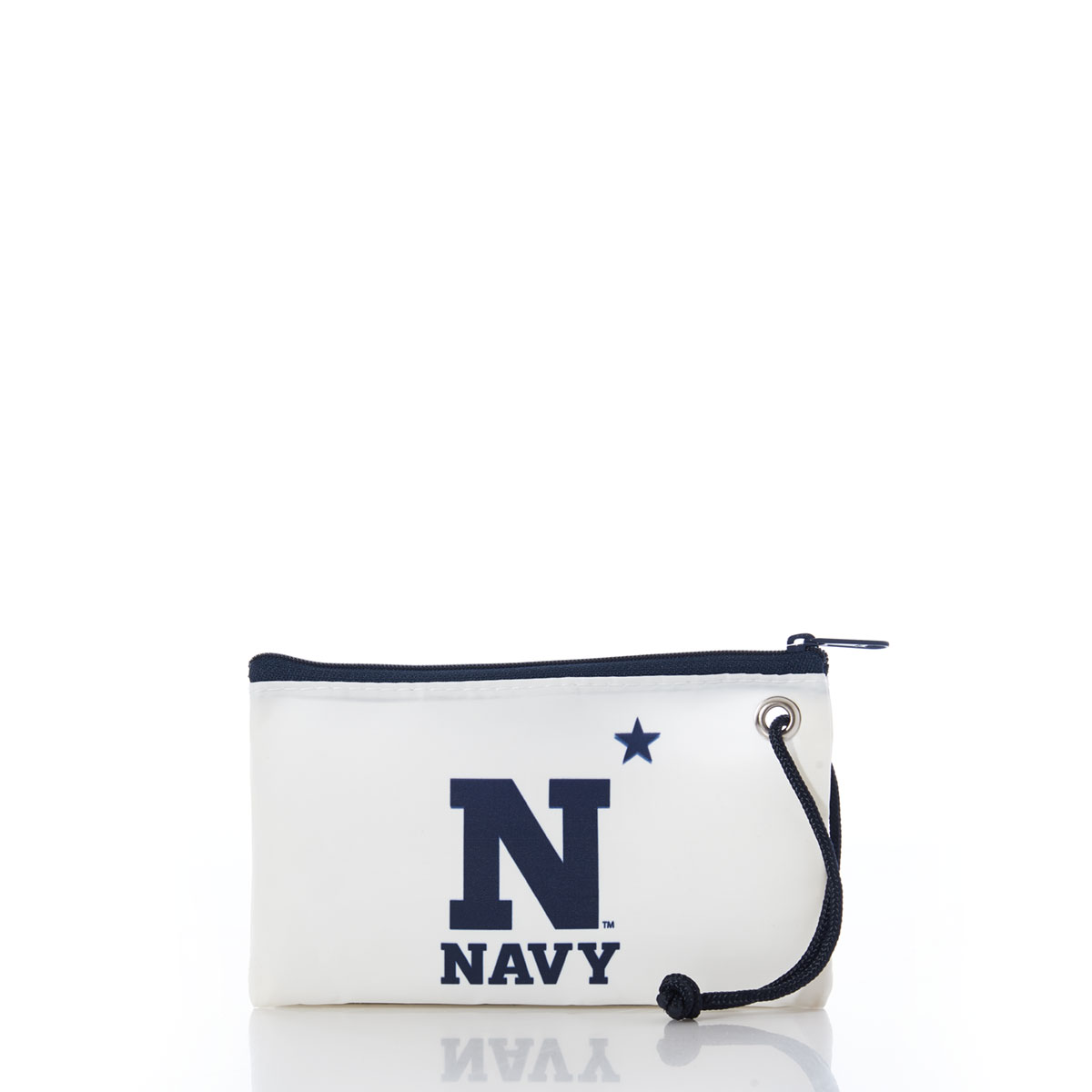 a white recycled sail cloth wristlet with navy zipper is printed with the Naval Academy logo in navy