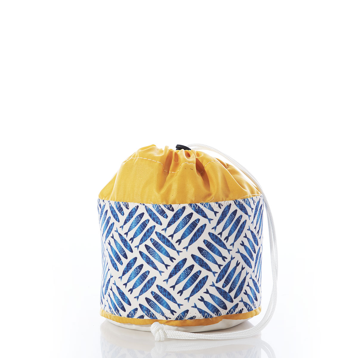 criss cross print of blue school of fish on recycled sail cloth ditty bag with drawstring