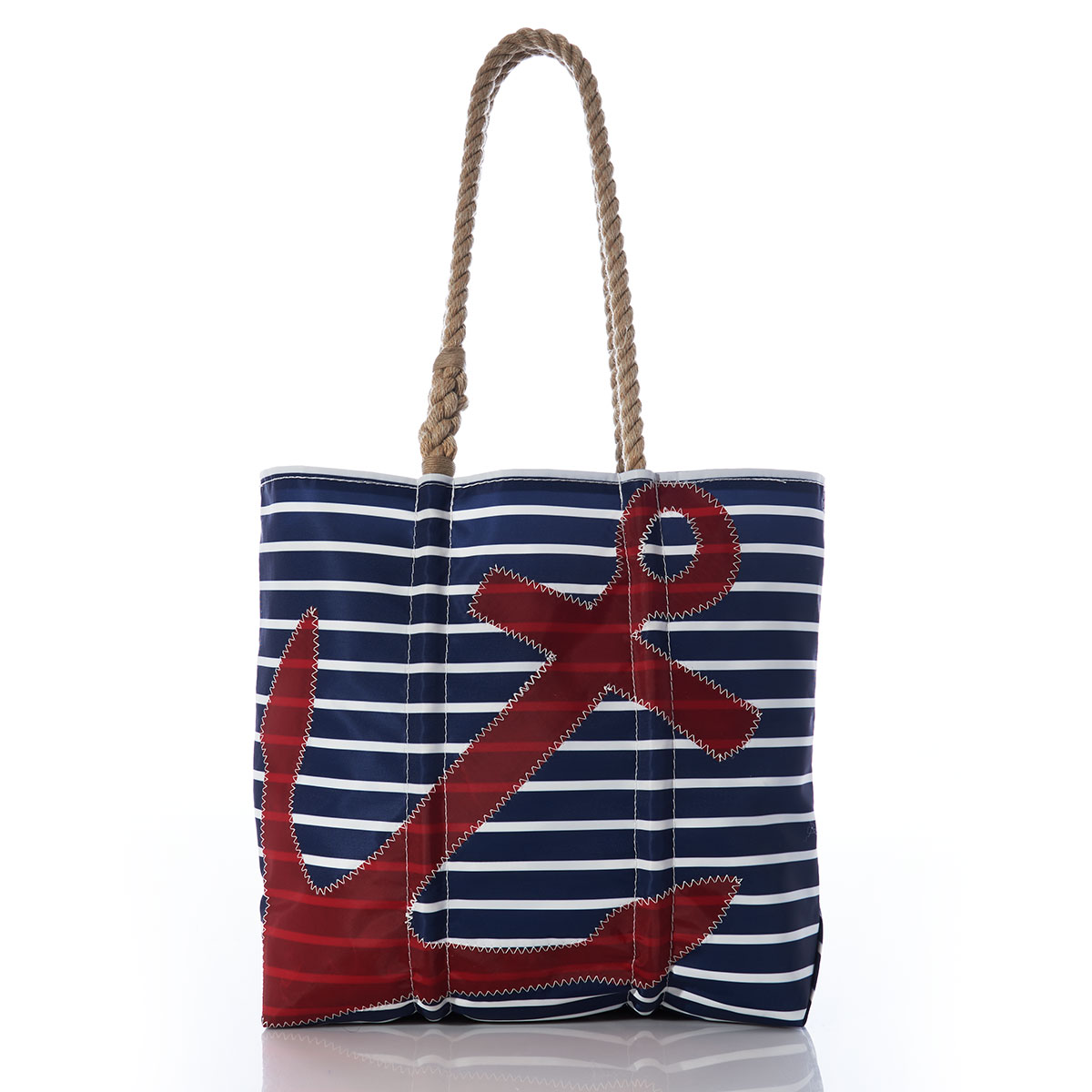 red anchor applique on navy and white stripes printed on recycled sail cloth medium tote with hemp rope handles