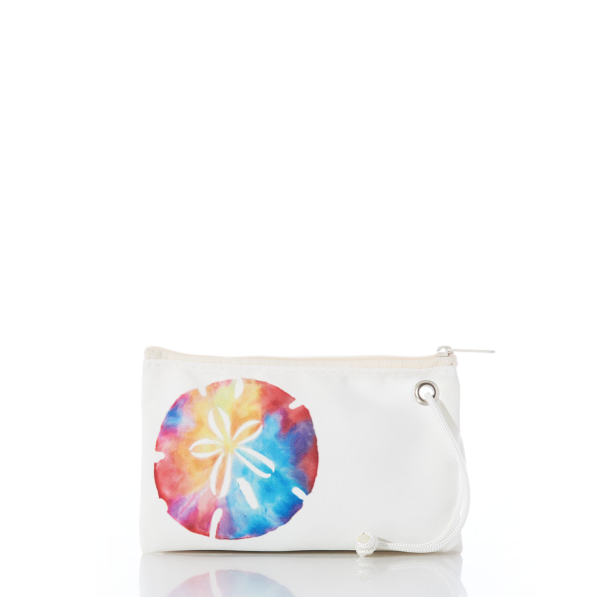 front view of a white recycled sail cloth wristlet with a printed sand dollar in tie dye colors of pinks blues and yellows
