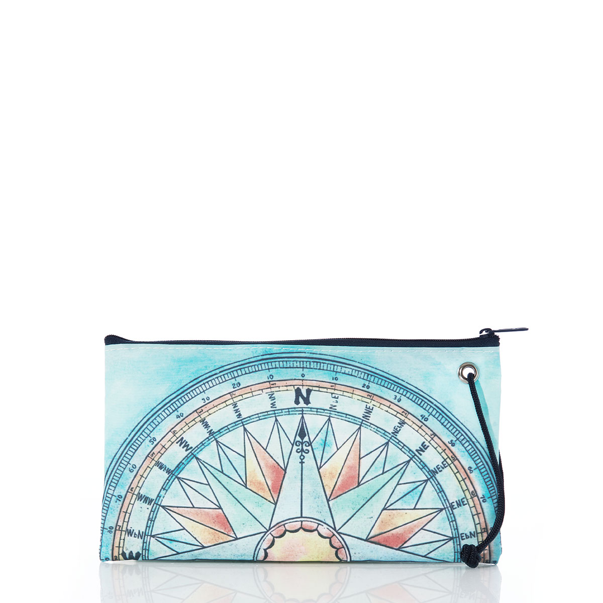 compass rose in bright spring colors printed on a recycled sail cloth large wristlet with navy zipper and wristlet strap