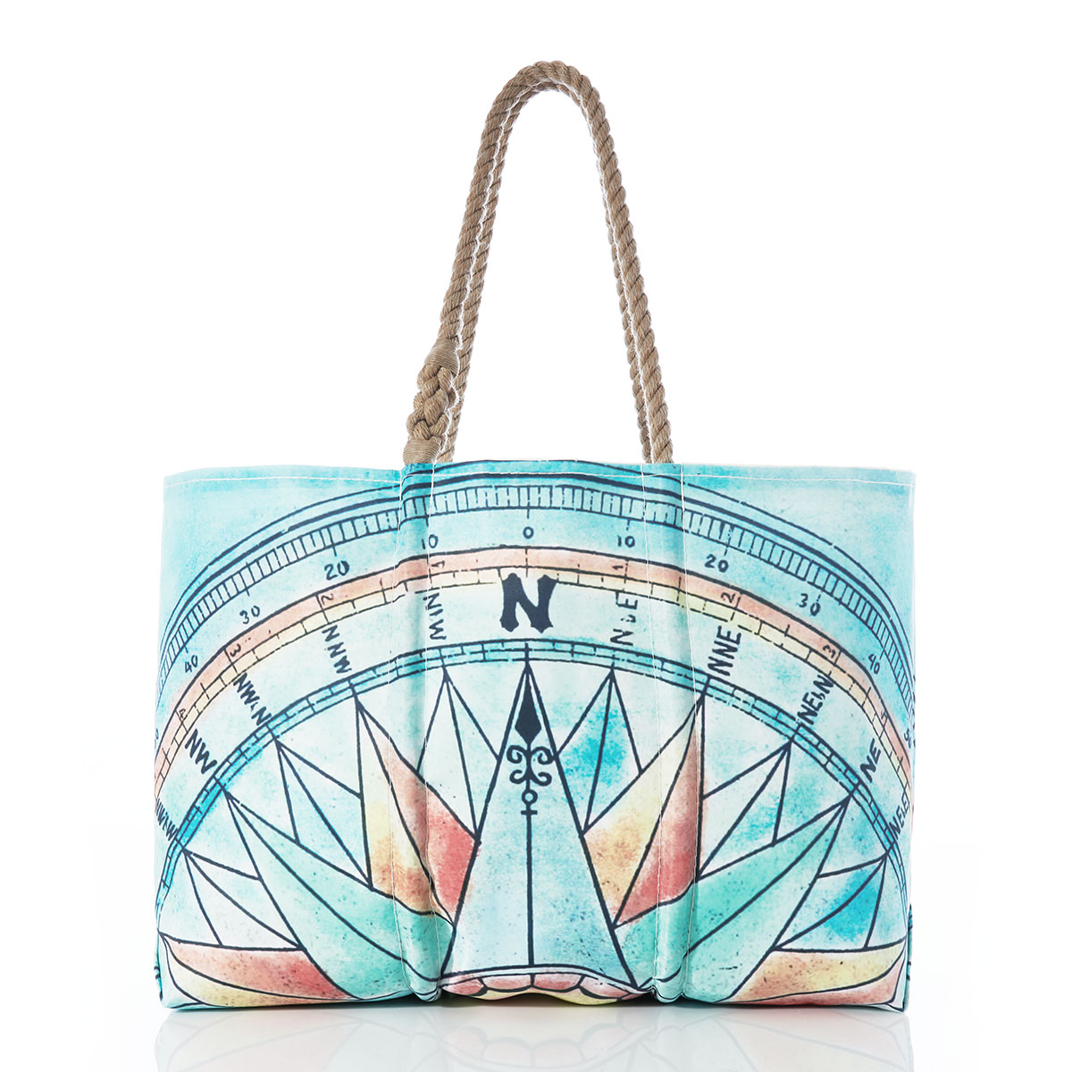 compass rose in bright spring colors printed on a recycled sail cloth large tote with hemp rope handles