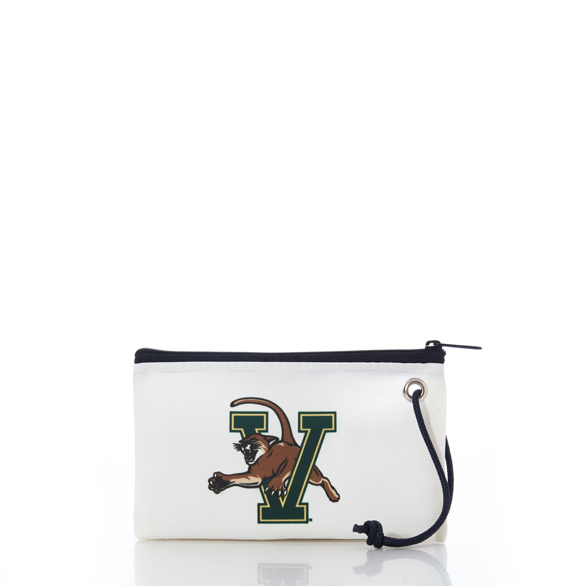 a white recycled sail cloth wristlet with navy zipper is printed with the University of Vermont logo in green