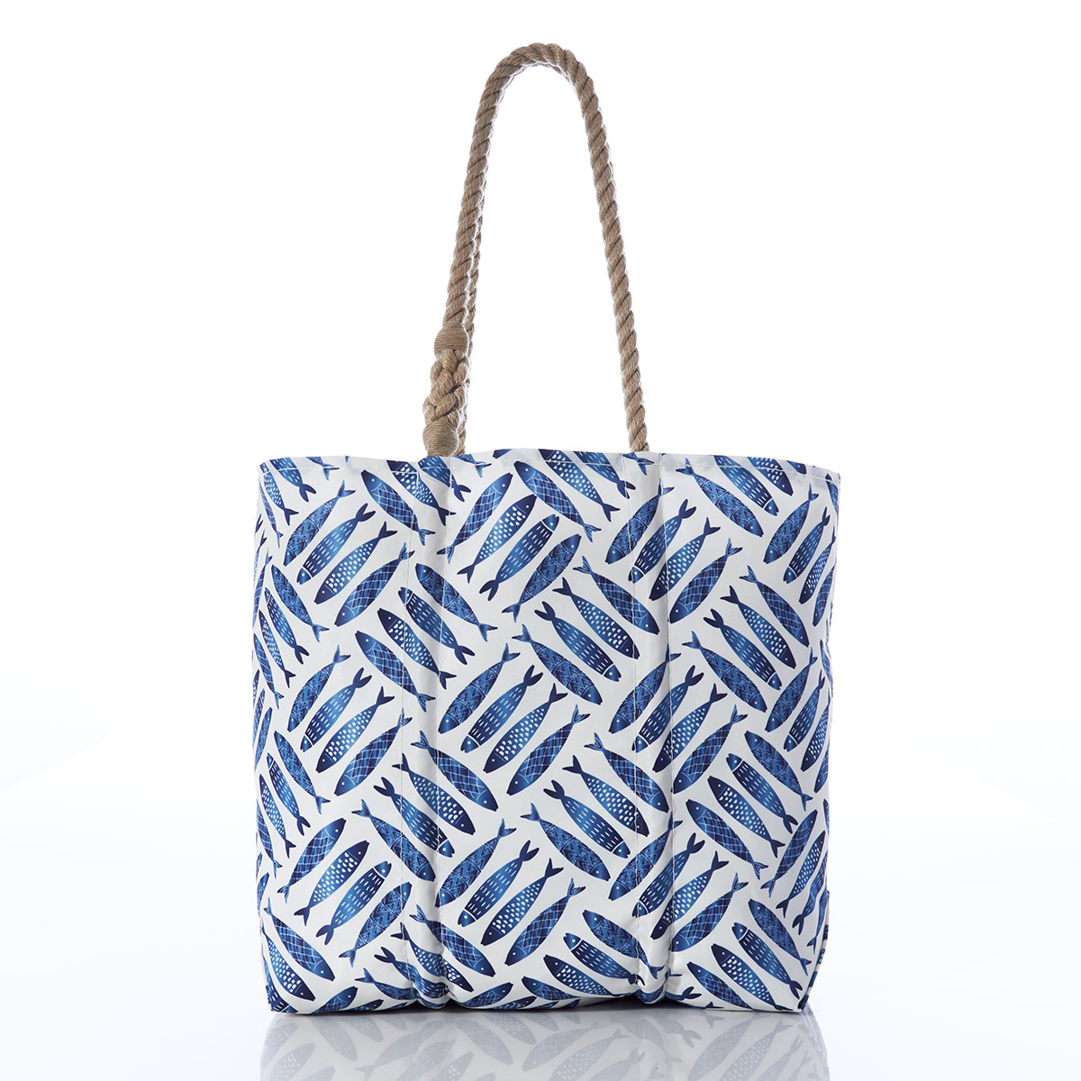 criss cross print of blue school of fish on recycled sail cloth medium tote with hemp rope handles