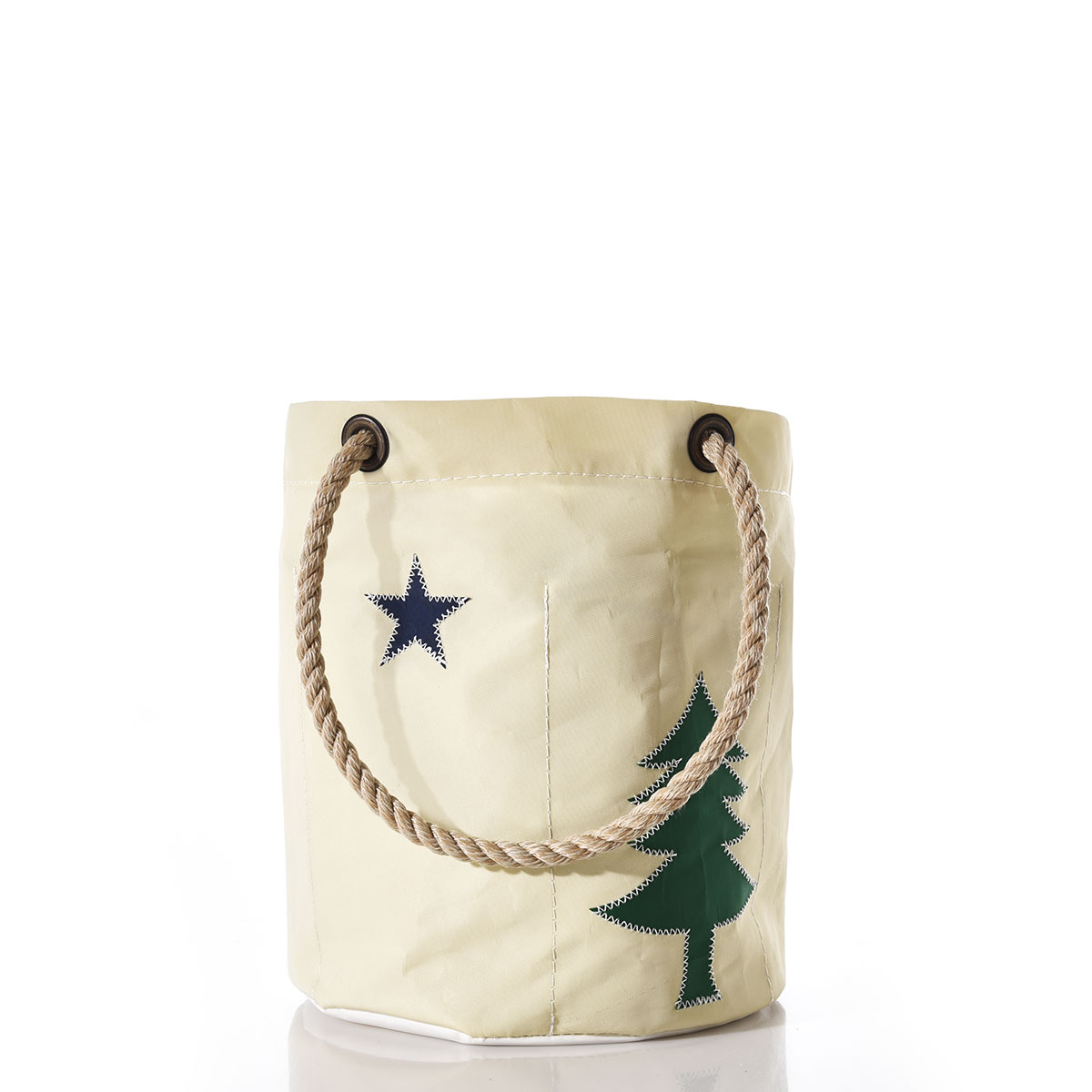 recycled sail cloth beverage bucket featuring a navy star and green pine tree from Maine's original state flag, with hemp rope handles