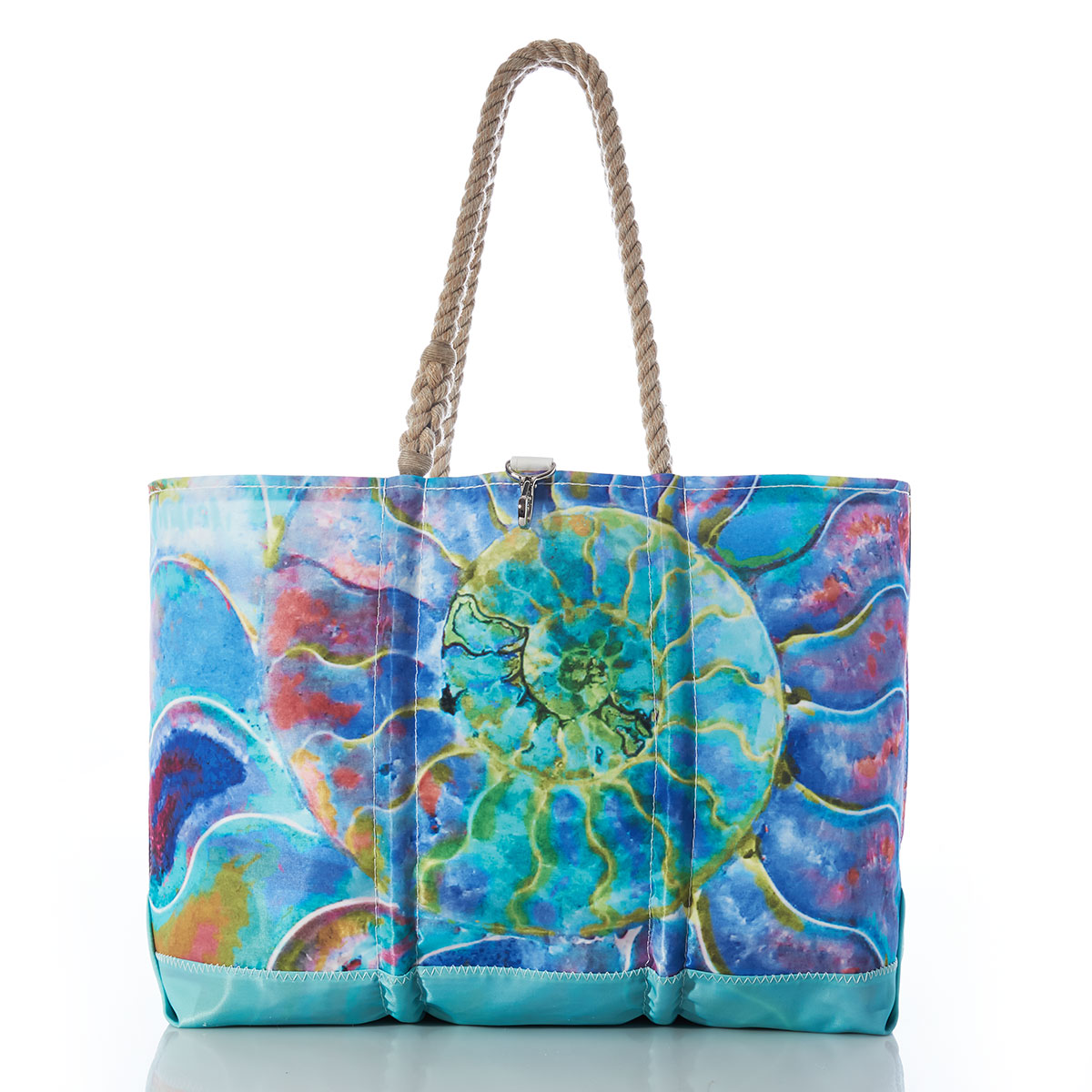 a close up view of a multicolor nautilus shell is printed on the front of a recycled sail cloth tote with hemp rope handles and sea foam green bottom