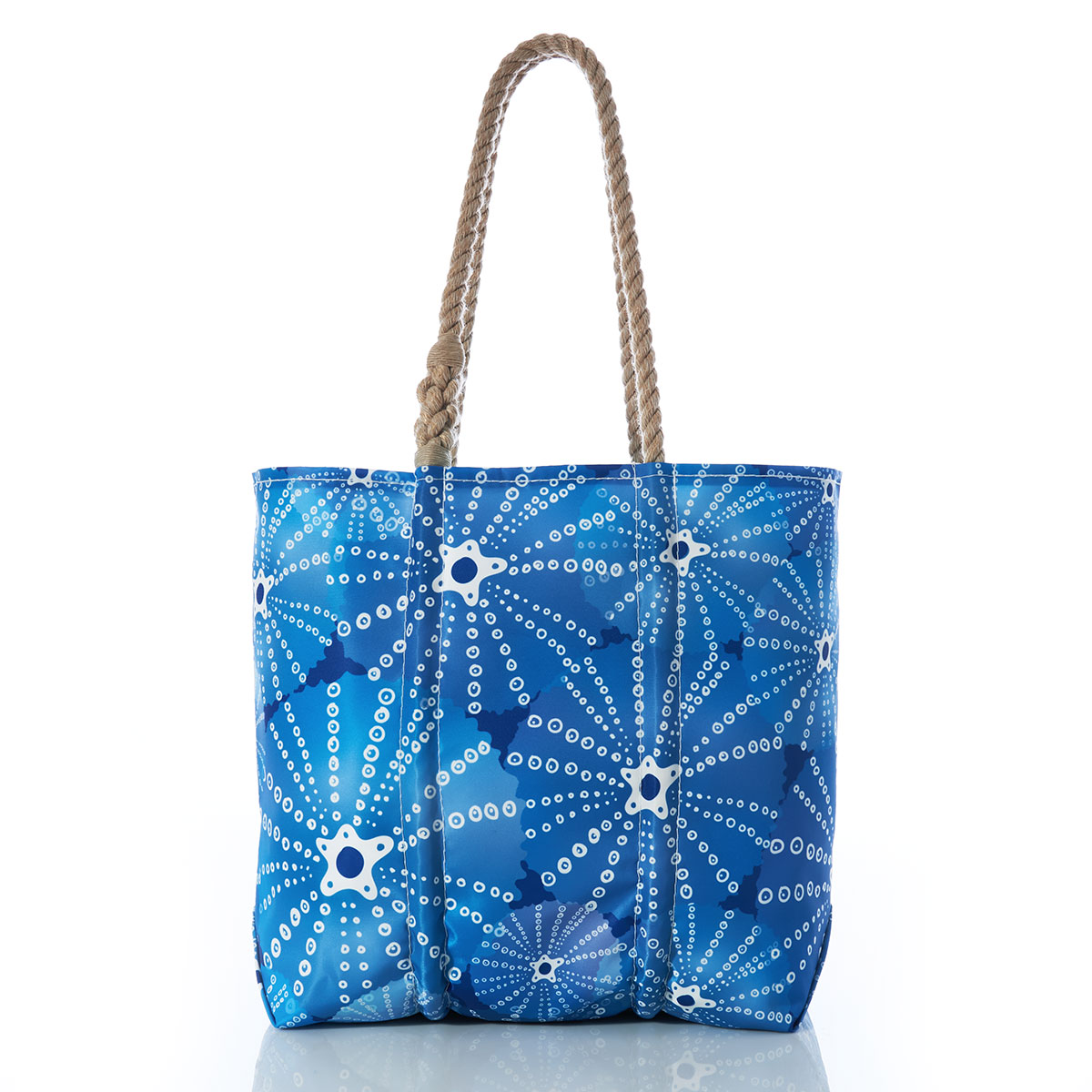 blue sea urchins in an all over print on recycled sail cloth medium tote with hemp rope handles