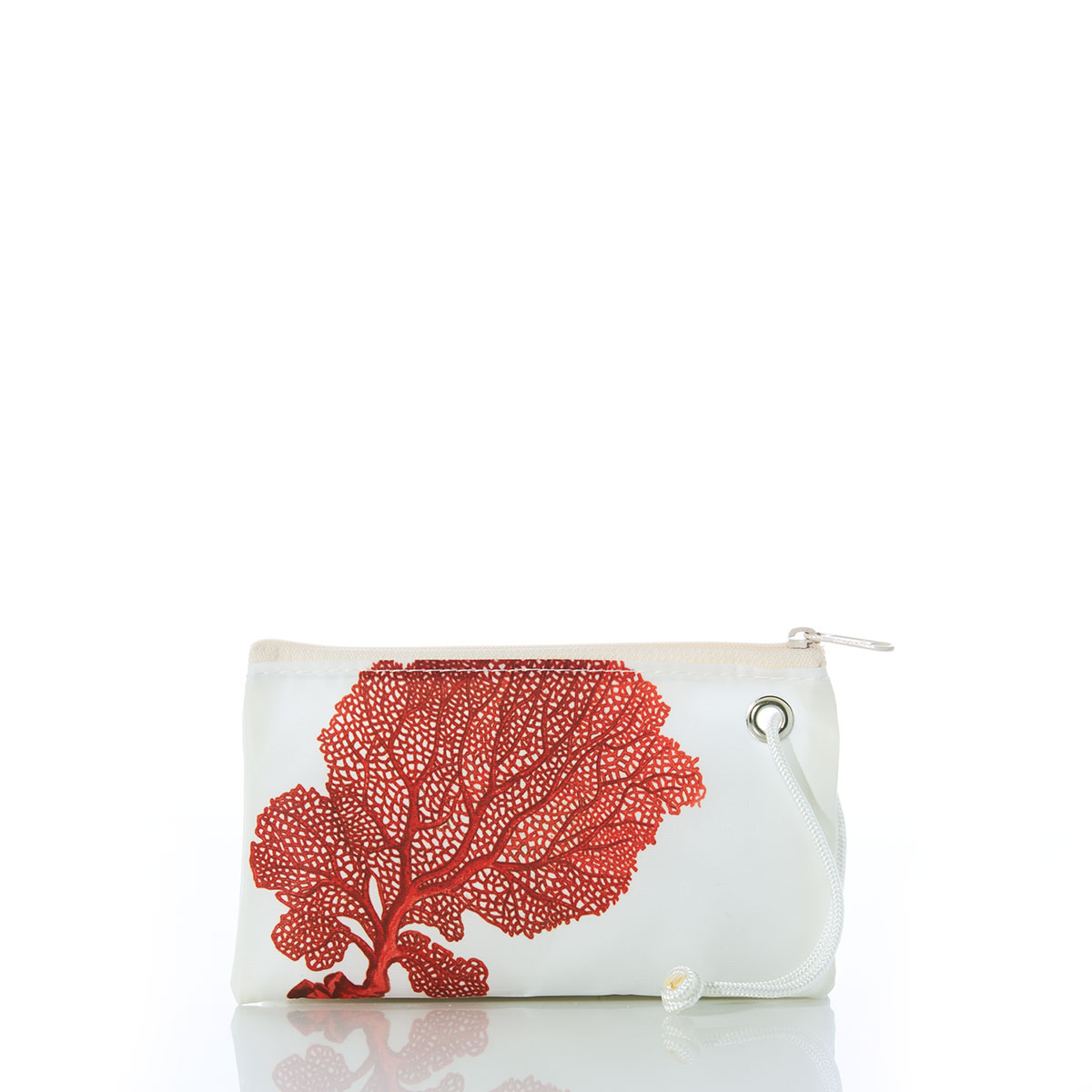red coral reef print on white recycled sail cloth wristlet with white zipper and wristlet strap