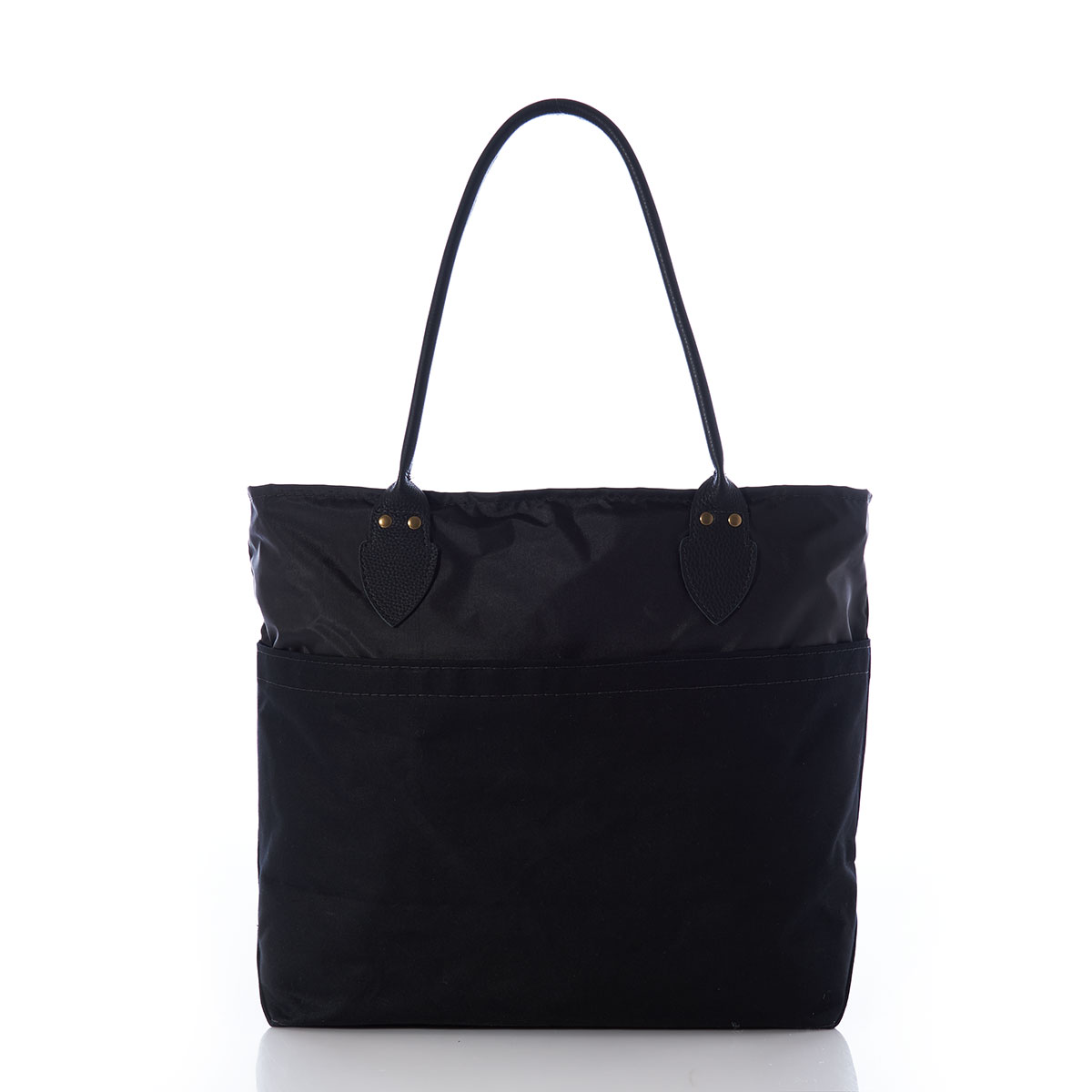 back view of a black recycled sail cloth medium tote with a black canvas bottom and leather handles