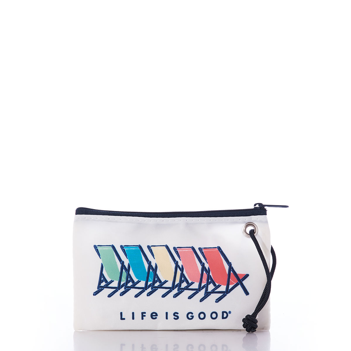 a white recycled sail cloth wristlet is printed with five beach chairs in red orange yellow green and blue with the life is good brand name under the chairs