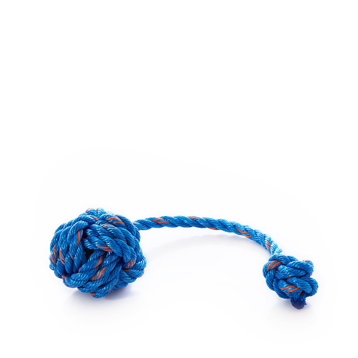 handmade rope dog toy with monkeys fist large knot on one end and small knot on other end