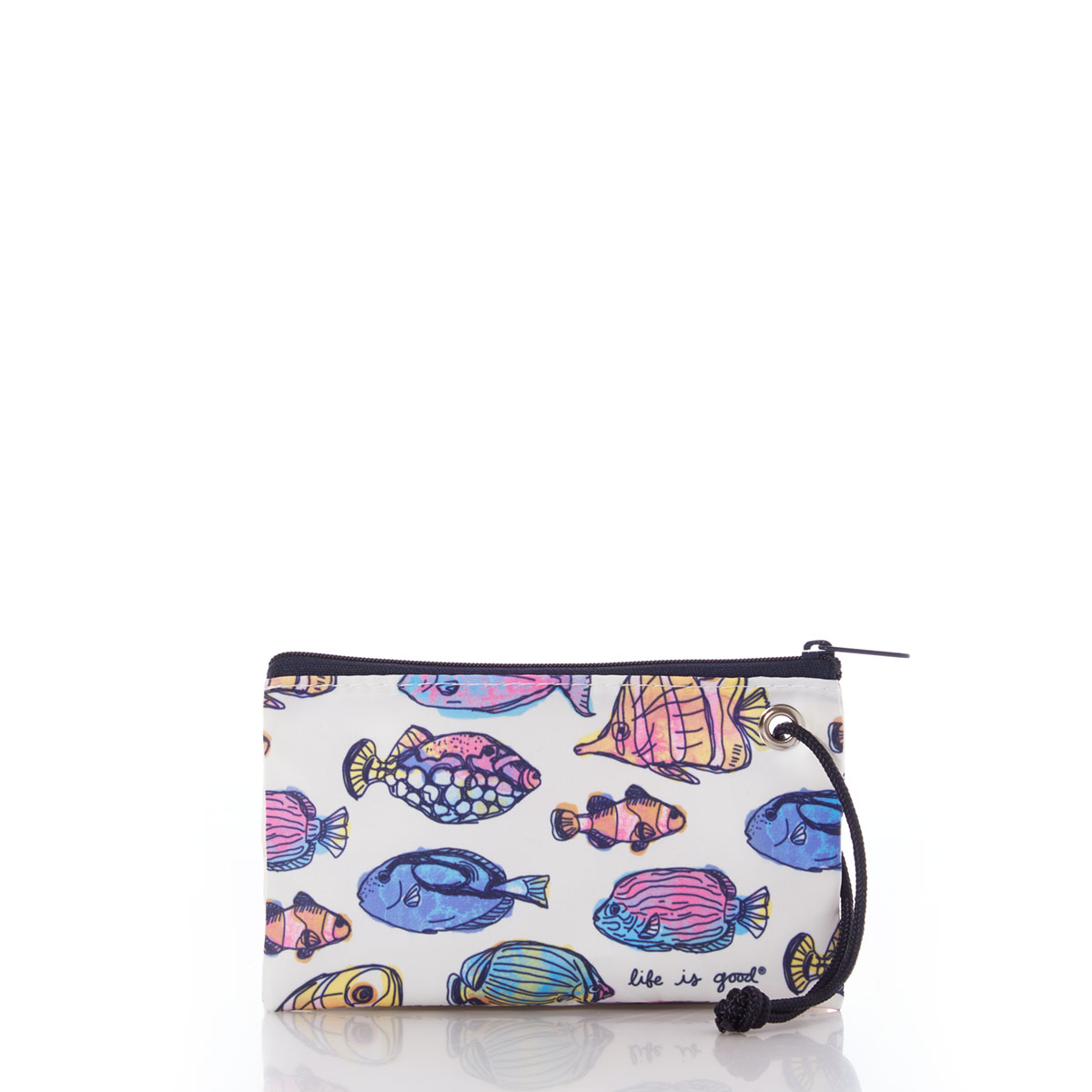 a white recycled sail cloth wristlet with navy zipper is printed with multicolor fish swimming