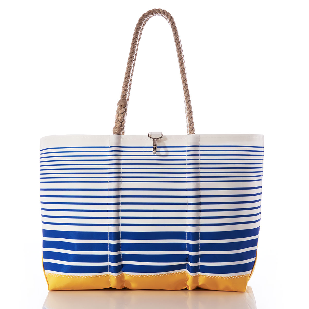 recycled sail cloth beach bag with hemp handles blue and white stripes and yellow bottom