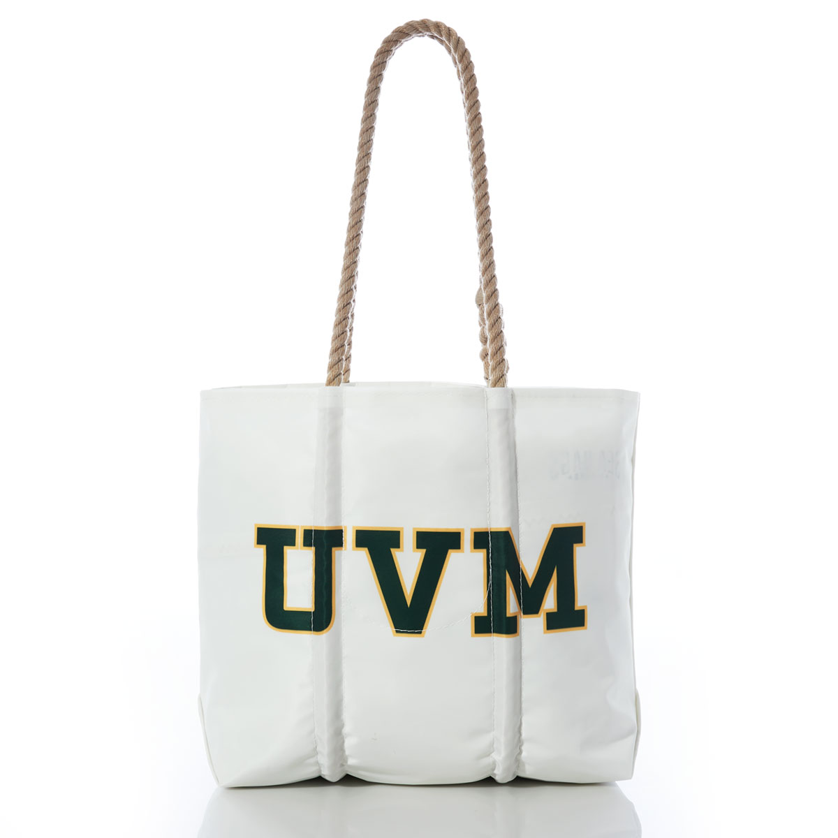 back view of a white recycled sail cloth tote with hemp rope handles is printed with UVM in green