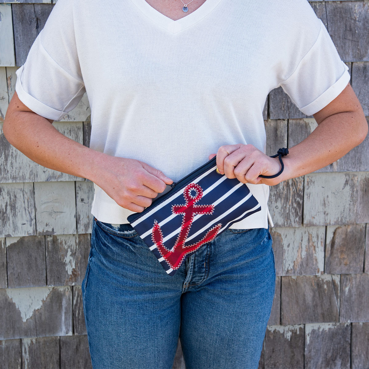 Red Anchor on Navy Stripes Wristlet