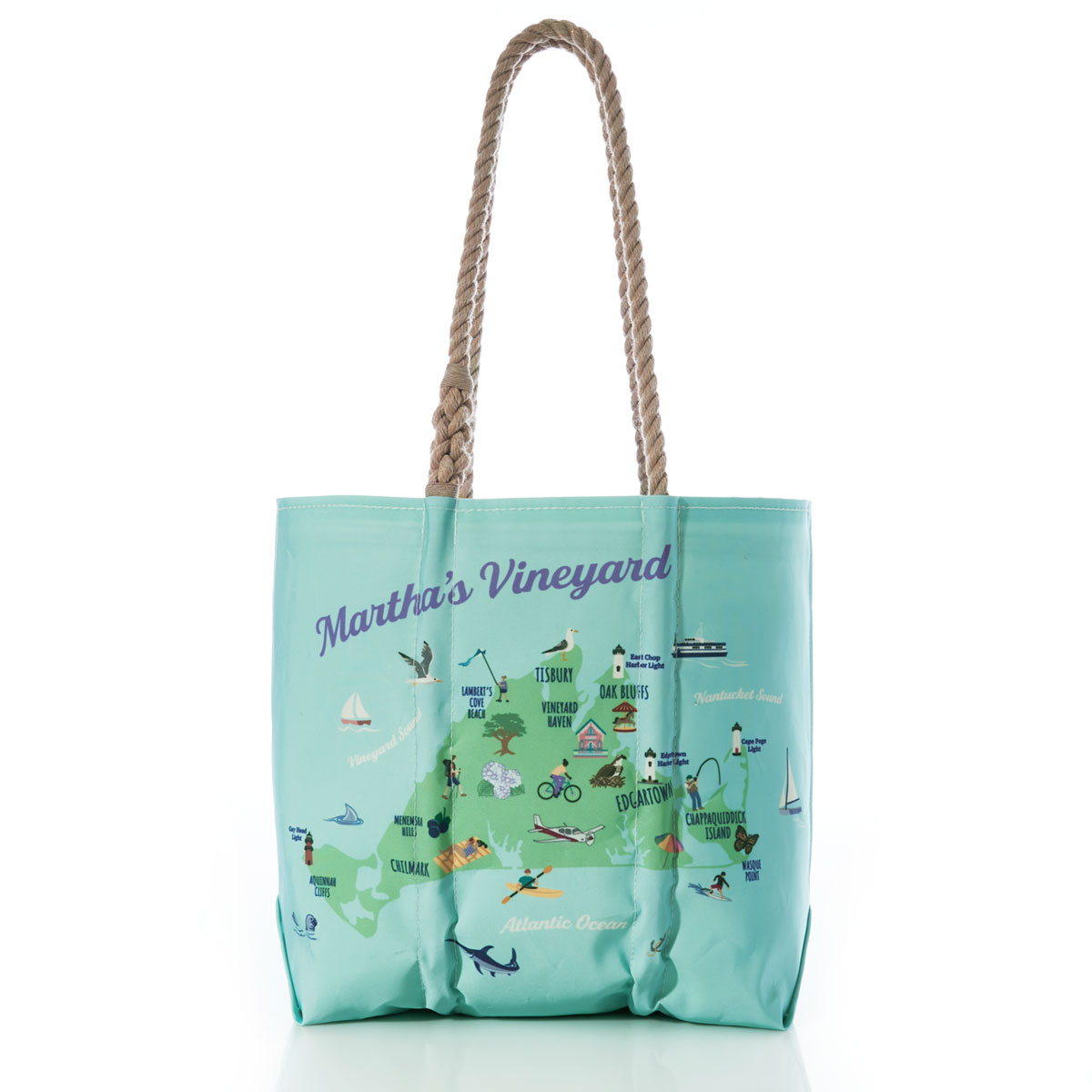 a green area of Martha's Vineyard is printed on a blue recycled sail cloth tote with hemp handles and is filled with icons depicting unique landmarks