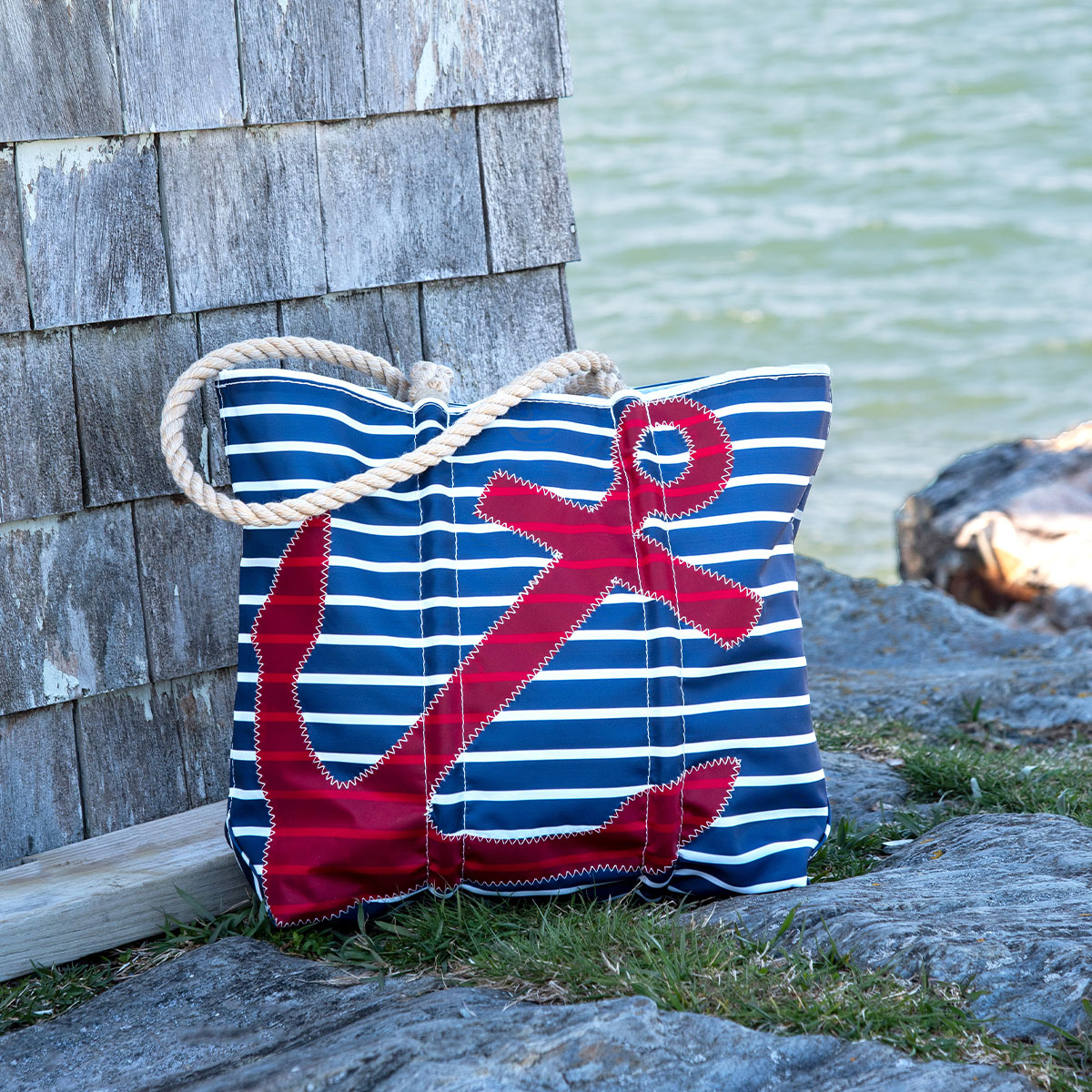 Red Anchor on Navy Stripes Tote