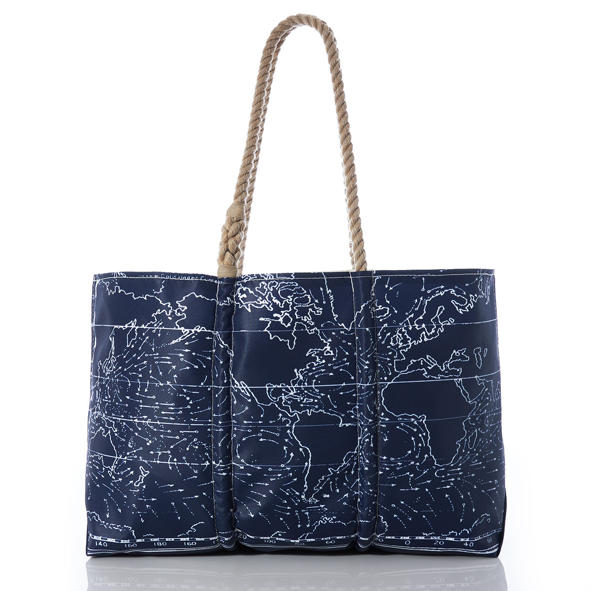 white arrows showing currents swirl around white outlined continents on a navy recycled sail cloth tote with hemp rope handles