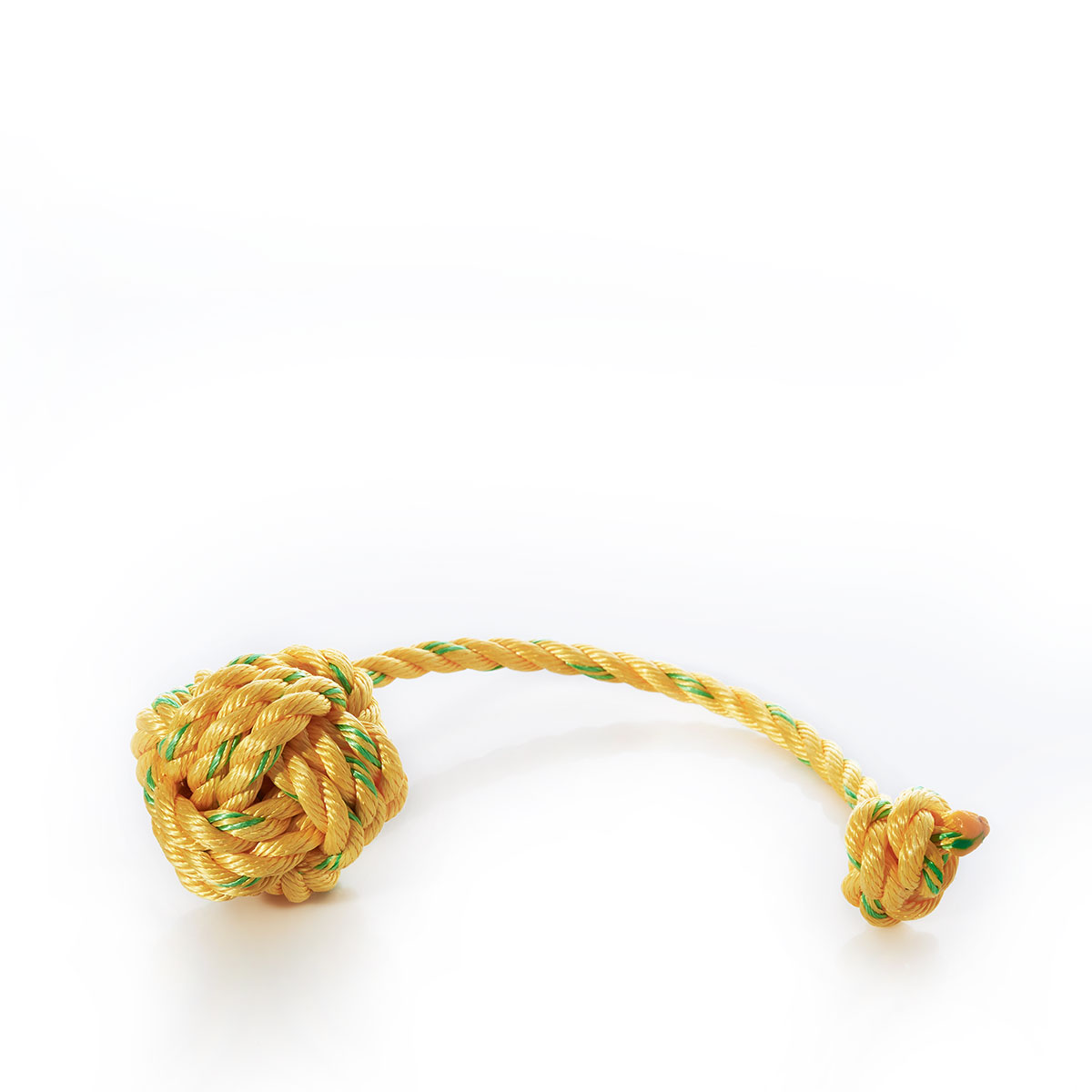handmade rope dog toy with monkeys fist large knot on one end and small knot on other end