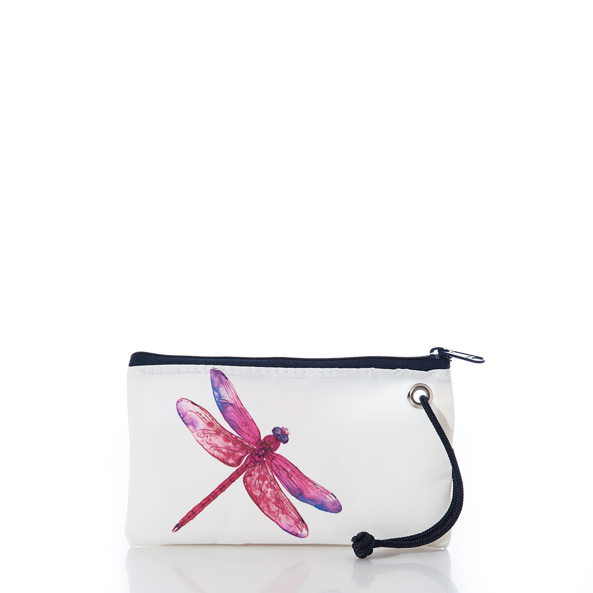 pink watercolor dragonfly on a white recycled sail cloth wristlet with navy zipper