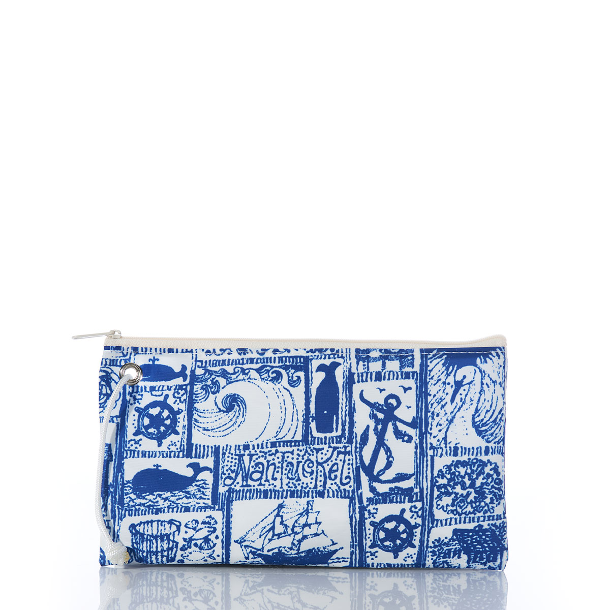 back view of blue squares filled with various nautical imagery printed on recycled sail cloth large wristlet with white zipper and wristlet strap