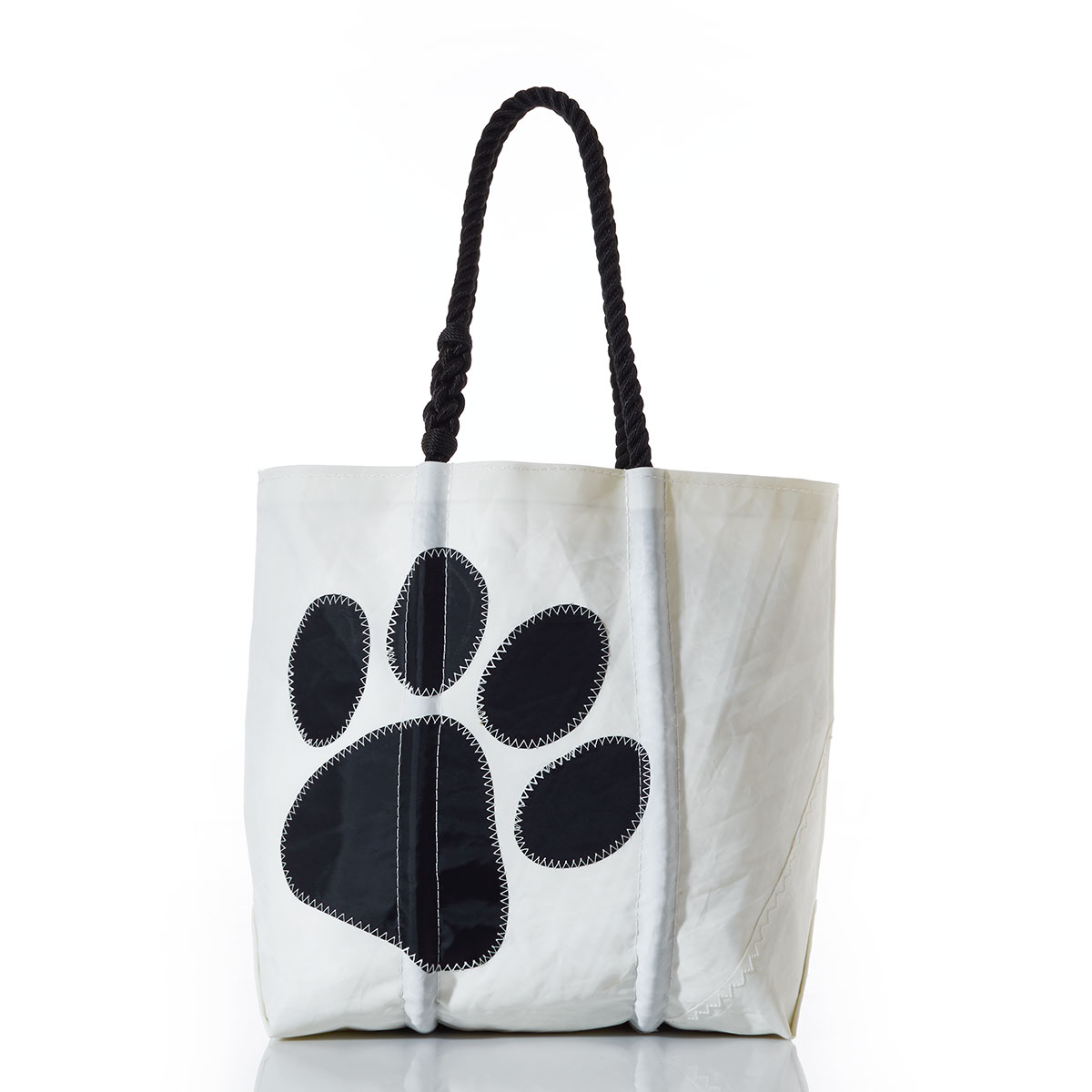 black paw print applique on white recycled sail cloth tote and black rope handles
