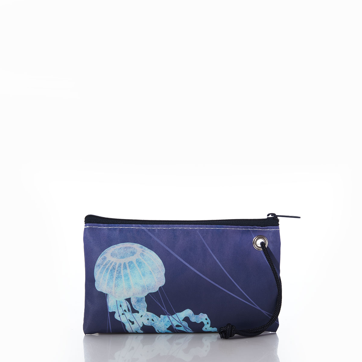 a blue recycled sail cloth wristlet is printed with a light blue jellyfish