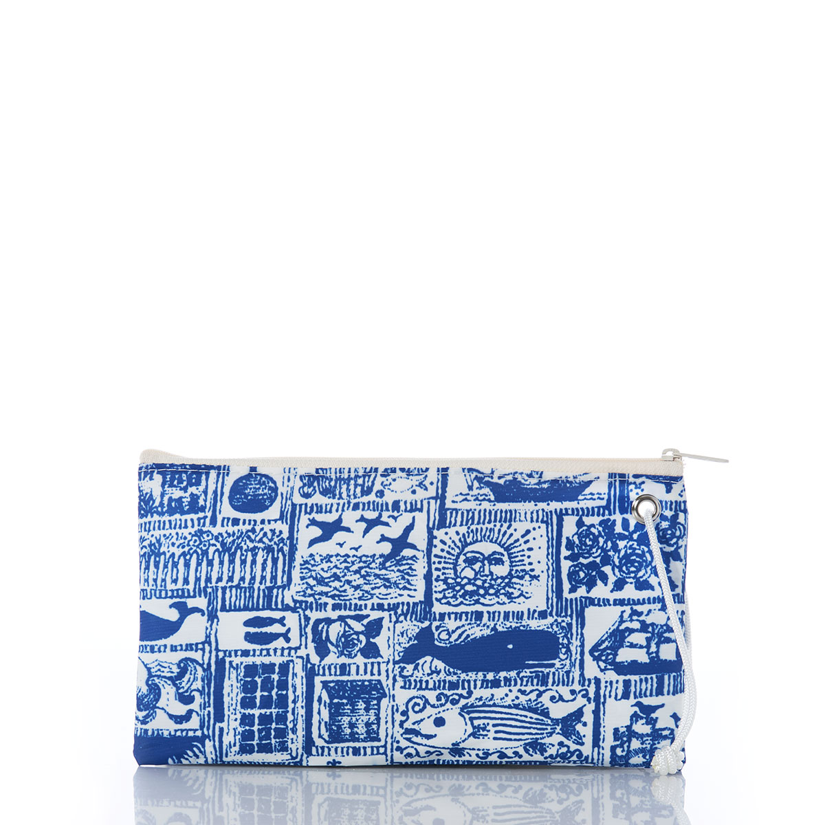 blue squares filled with various nautical imagery printed on recycled sail cloth large wristlet with white zipper and wristlet strap