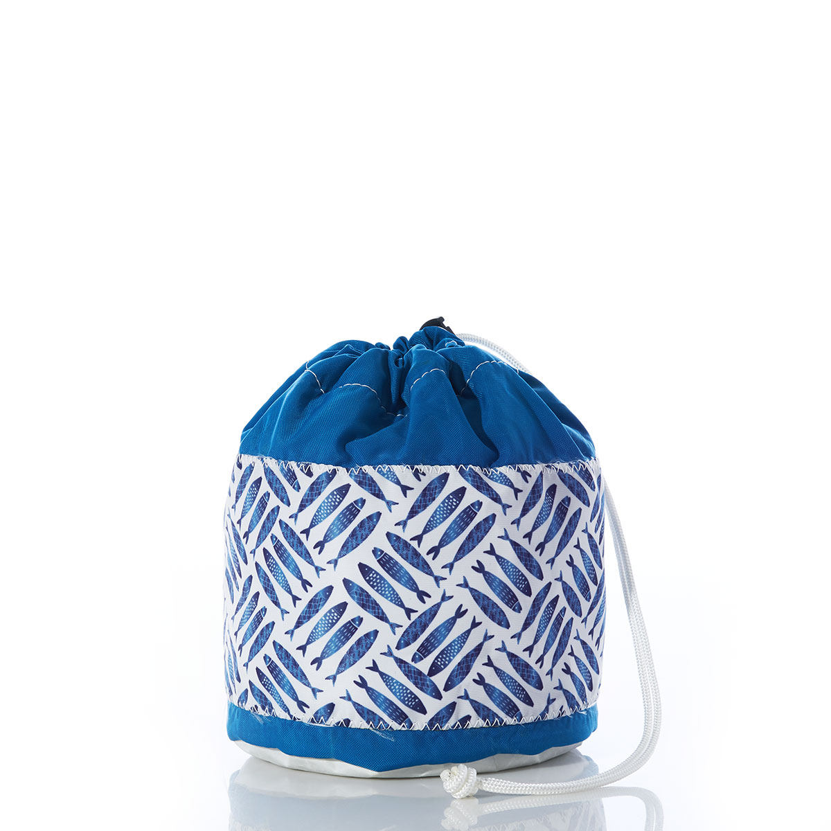 criss cross print of blue school of fish on recycled sail cloth ditty bag with drawstring