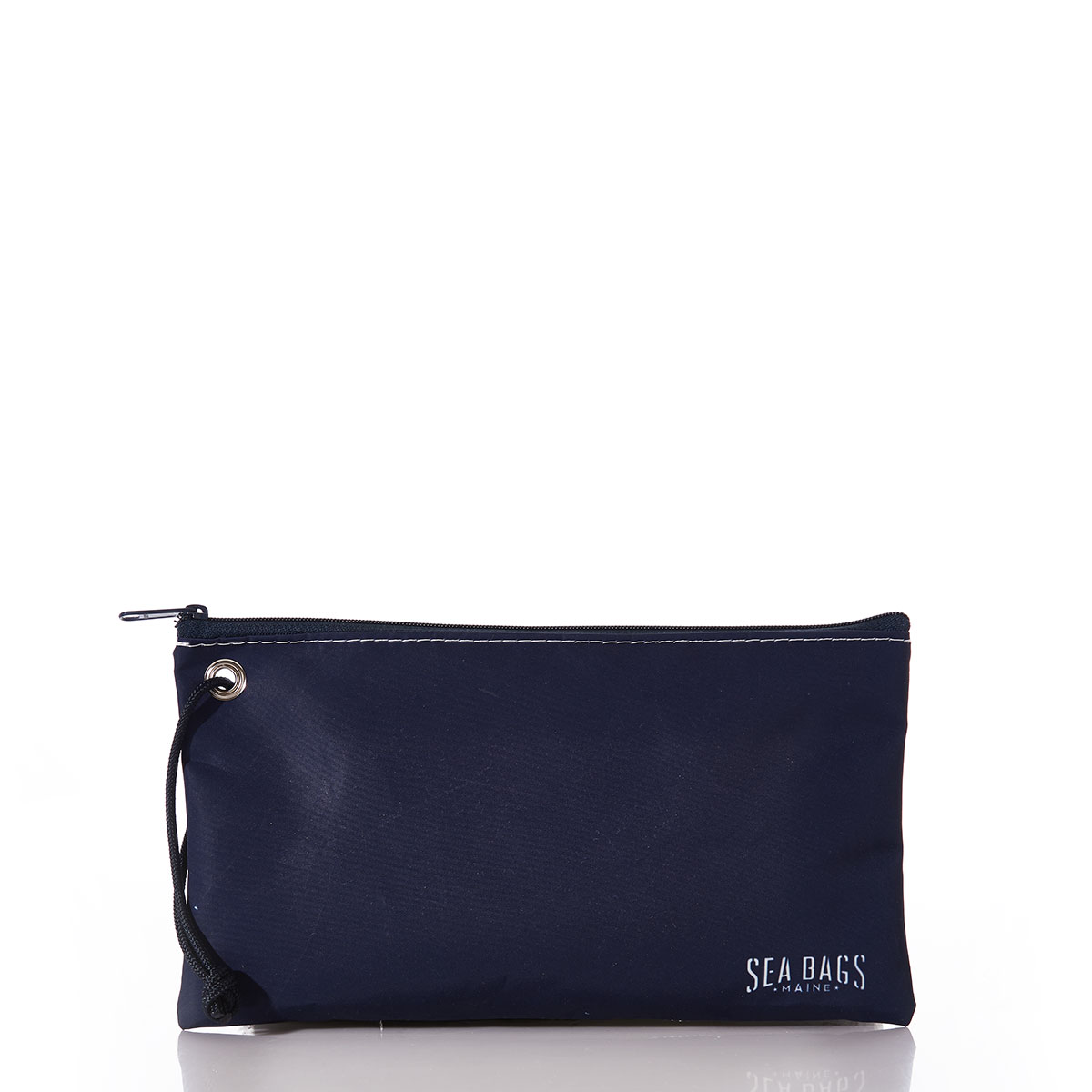 back view: a navy recycled sail cloth wristlet with a rope string 