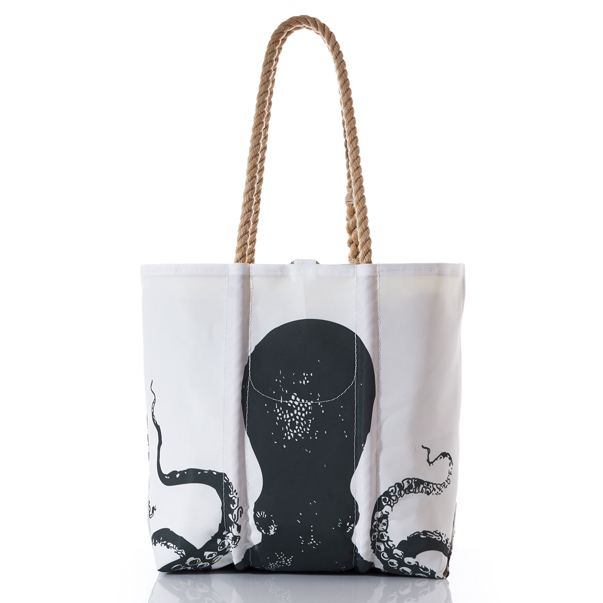 back view showing octopus head: black octopus legs reach up to the tope of this recycled sail cloth tote, printed on a white background, with hemp rope handles