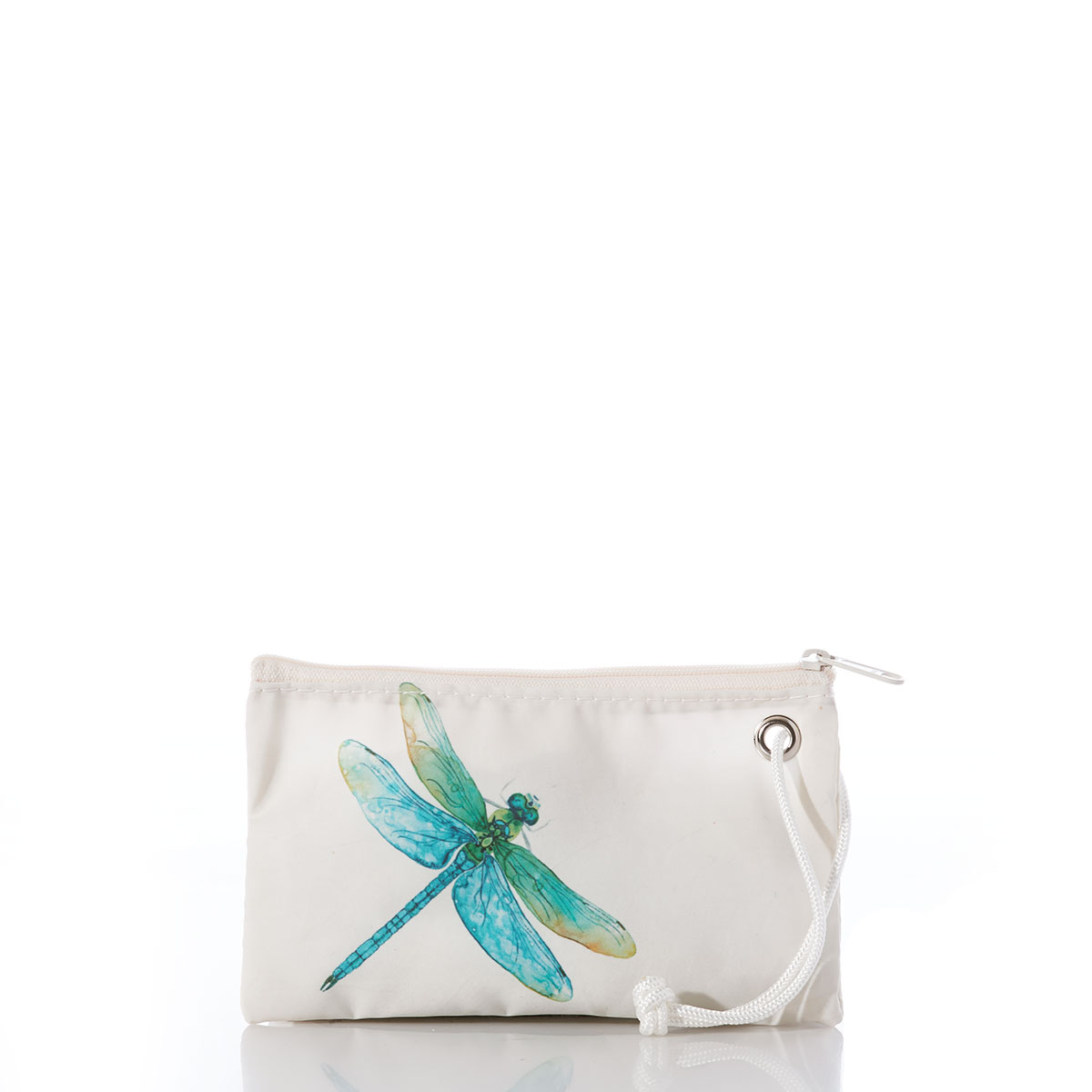 a dragonfly in light shades of blues and greens flies across a white recycled sail cloth wristlet with a white zipper and white rope string
