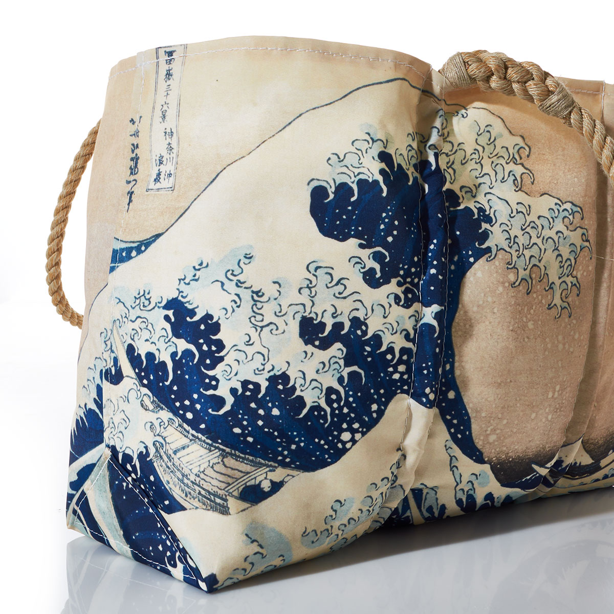 close up of The Great Wave of Kanagawa printed on a recycled sail cloth tote with hemp rope handles