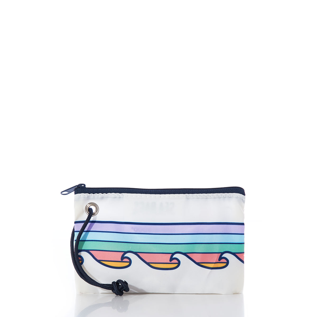 back view of small yellow sun sits on top of multicolor stripes above a line of waves on a white recycled sail cloth wristlet with navy zipper and wristlet strap