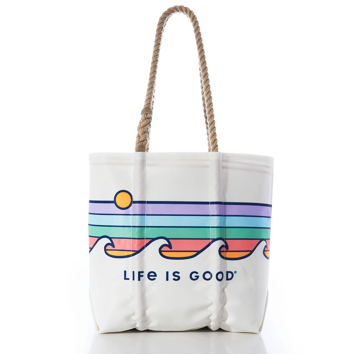small yellow sun sits on top of multicolor stripes above a line of waves on a white recycled sail cloth medium tote with hemp rope handles