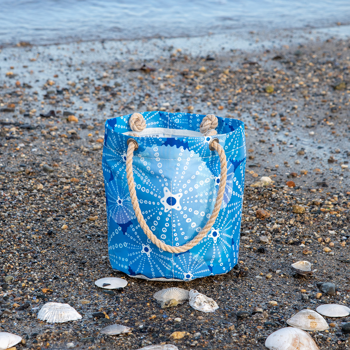 Sea Bags Recycled Sail Cloth Blue Sea Urchins Beachcomber Bucket